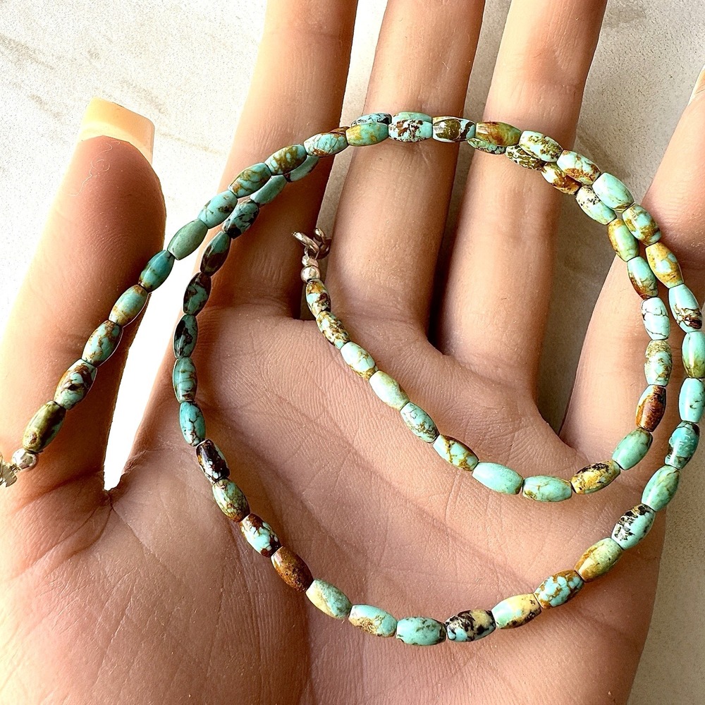 Navajo Turquoise‎ Bead Necklace 18" Hand Strung Natural #8 Color Sterling Hook
